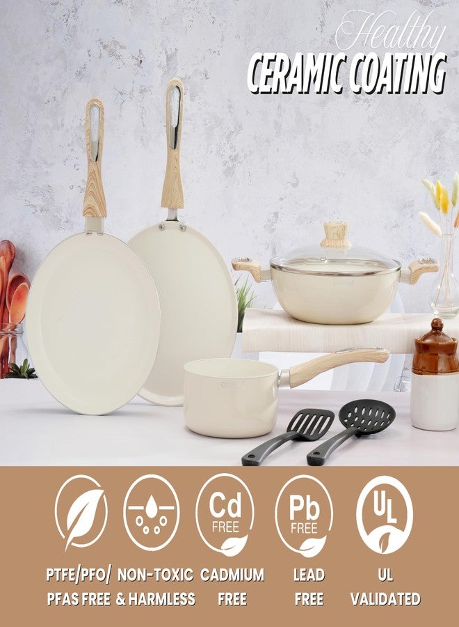 Cookaid Velora Series Cook & Serve Set with Lid | Ceramic Non Stick Cookware Set 7 Pcs (7, Cream) - Image 3